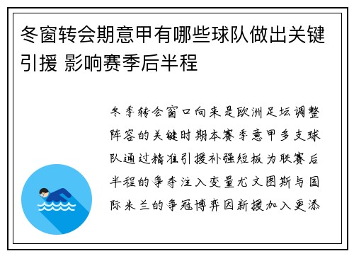 冬窗转会期意甲有哪些球队做出关键引援 影响赛季后半程